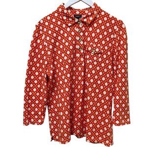 TALBOTS Womens Polo Shirt L/XL Orange Print 3/4 Sleeve Pique Knit Preppy Top